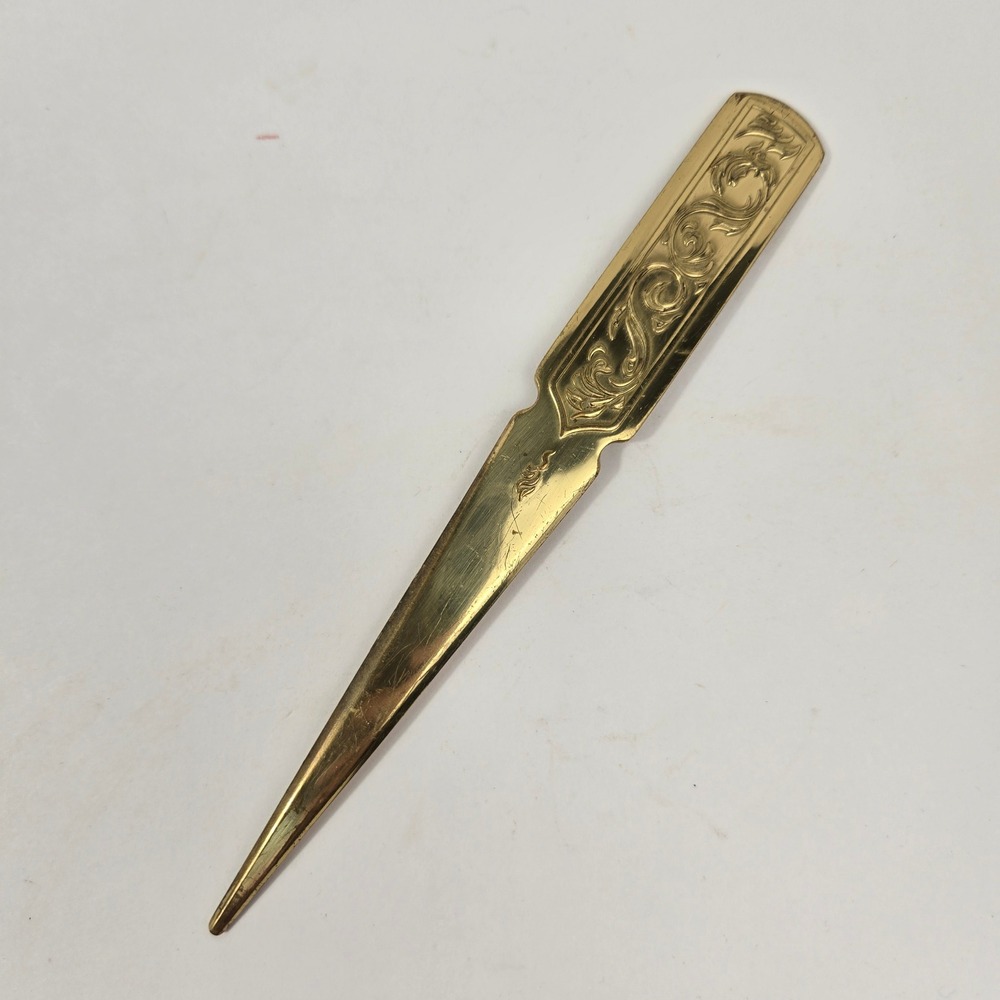Vintage Brass Letter Opener Embossed Scroll Design Gold Tone Desk Accessory 7.25